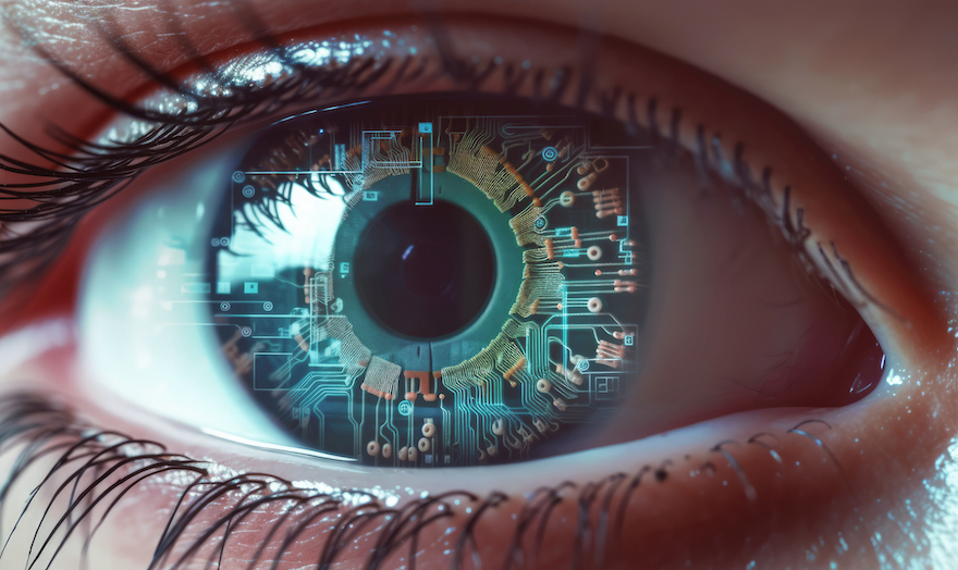 Macro photography of human eye with printed circuits in the iris. Biotechnology concept image.